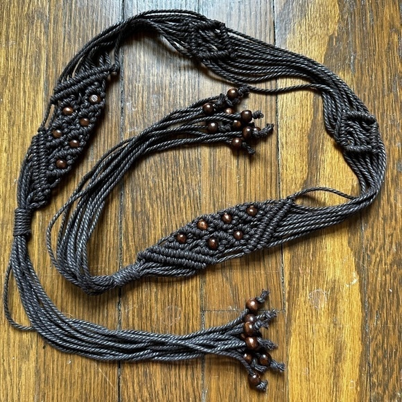 Vintage Macramé Brown Beaded Rope Belt - Picture 1 of 5